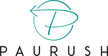 Logo of the website with capital letter P and a arrow and company name PAURUSH